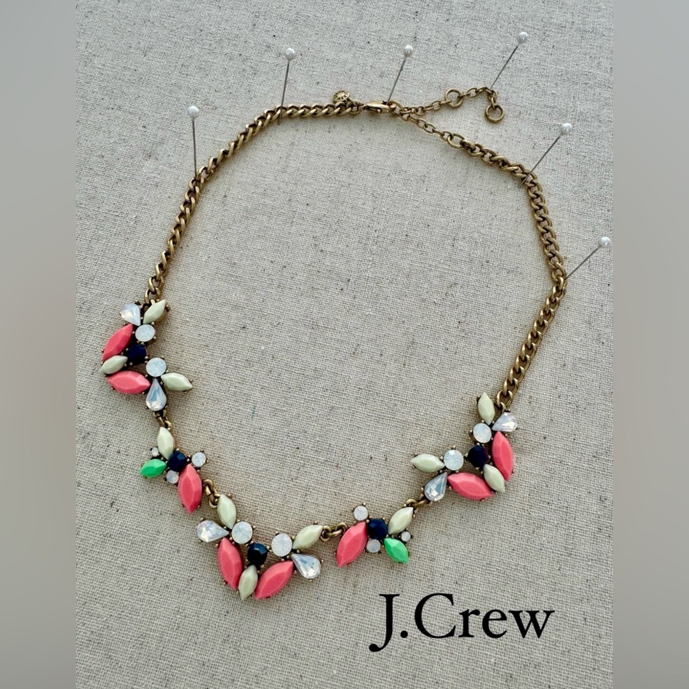 J. Crew Pink, Navy Blue, White & Green Floral Statement Necklace
